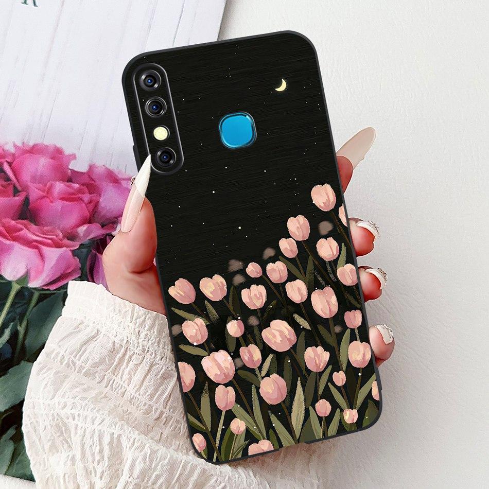 For Infinix Hot 8 Phone Case Hot 8 Lite Hot8 X650 X650C X650B X650D Elegant Floral Cat Pattern Black Silicone Soft TPU Cases