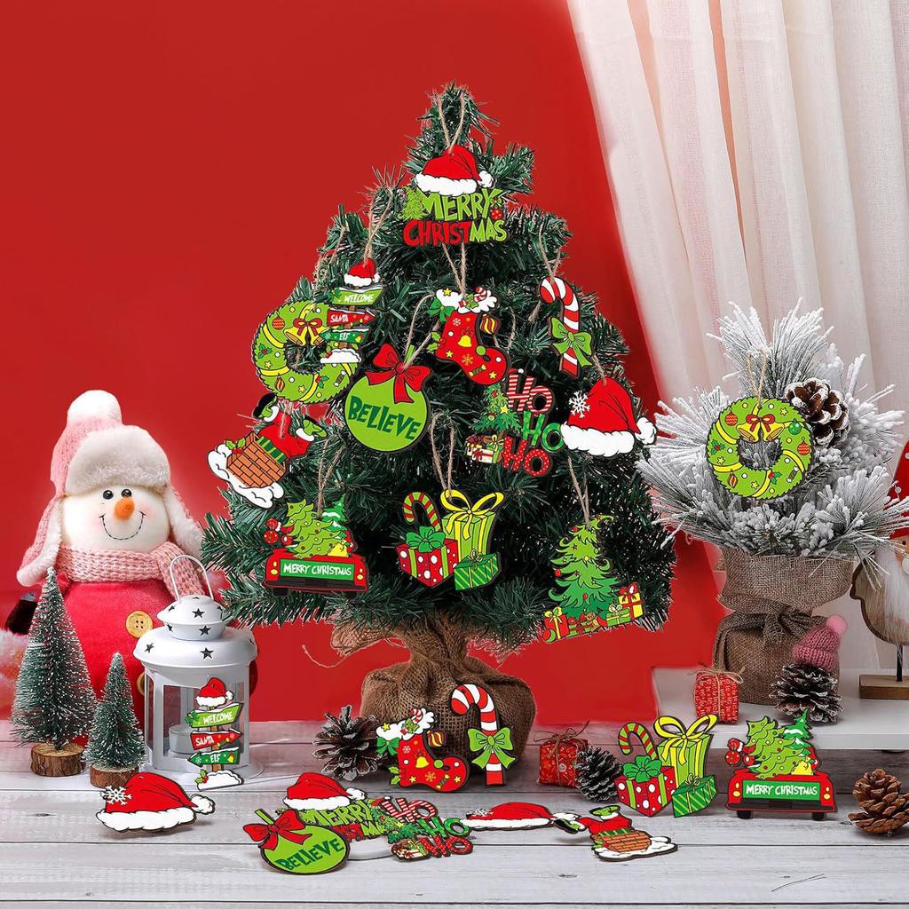 12/24PC Christmas Elf Green Hair Monster Wooden Pendant Xmas Party Christmas Tree Decor Home Festival Scene Hanging Decor Gift
