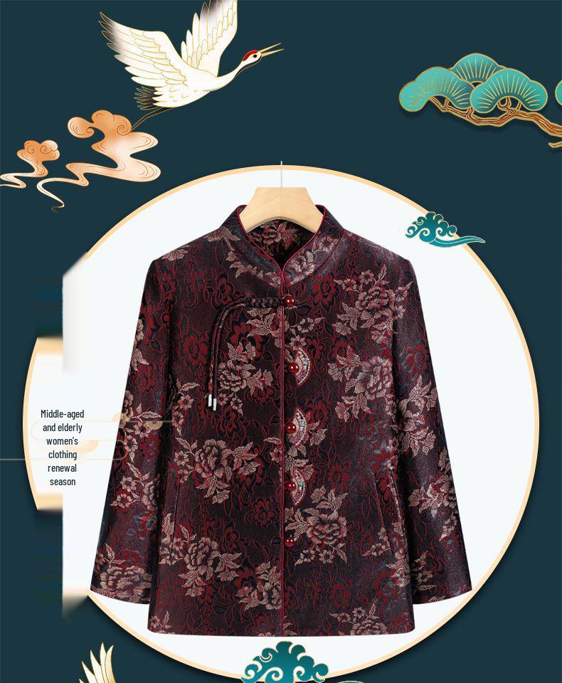 2025 Spring/Autumn Chinese Style Grandma Cardigan: Elegant, Turn-Down Collar Coat & Stand-Up Collar Top for Middle-Aged & Elderly