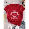 Lässiges Damen-T-Shirt mit Rundhalsausschnitt und „Its A Tea“-Alphabet-Cartoon-Teetassenmuster – Sommerkleidung
