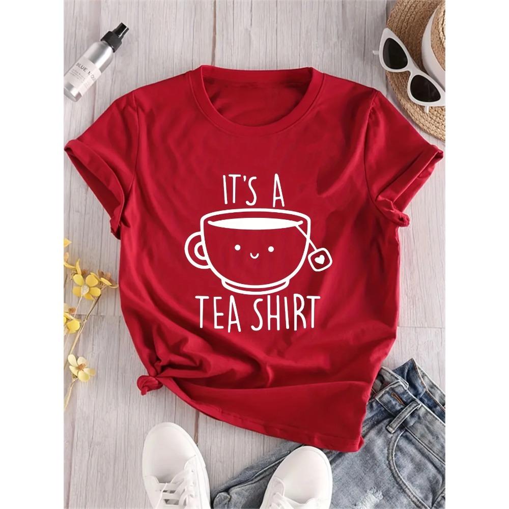 Lässiges Damen-T-Shirt mit Rundhalsausschnitt und „Its A Tea“-Alphabet-Cartoon-Teetassenmuster – Sommerkleidung