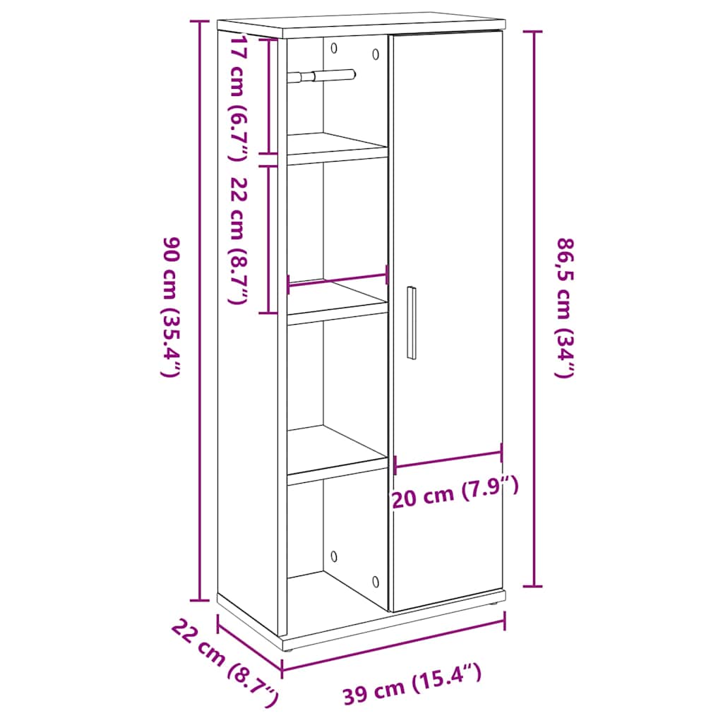 Bathroom Cabinet with Toilet Paper Holder Artisan Oak Finish 39 X 22 X 90 Cm