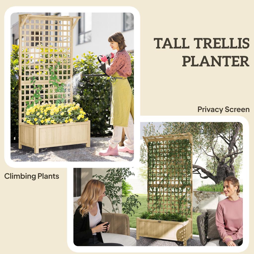 Raised Bed with Drainage Holes, Wood Planter with Trellis for Climbing Plants To Grow Vegetables, Flowers, Natural