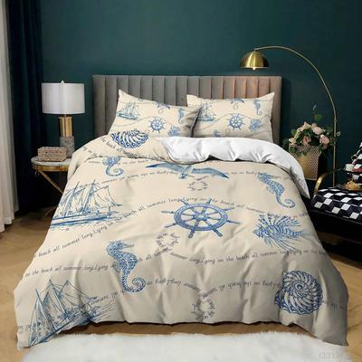 Ocean Bedding Set King/Queen Size Nautical Coastal Bedding,hippocampus Comforter Cover For Kid Boys Girls,Sea Animal Duvet Cover