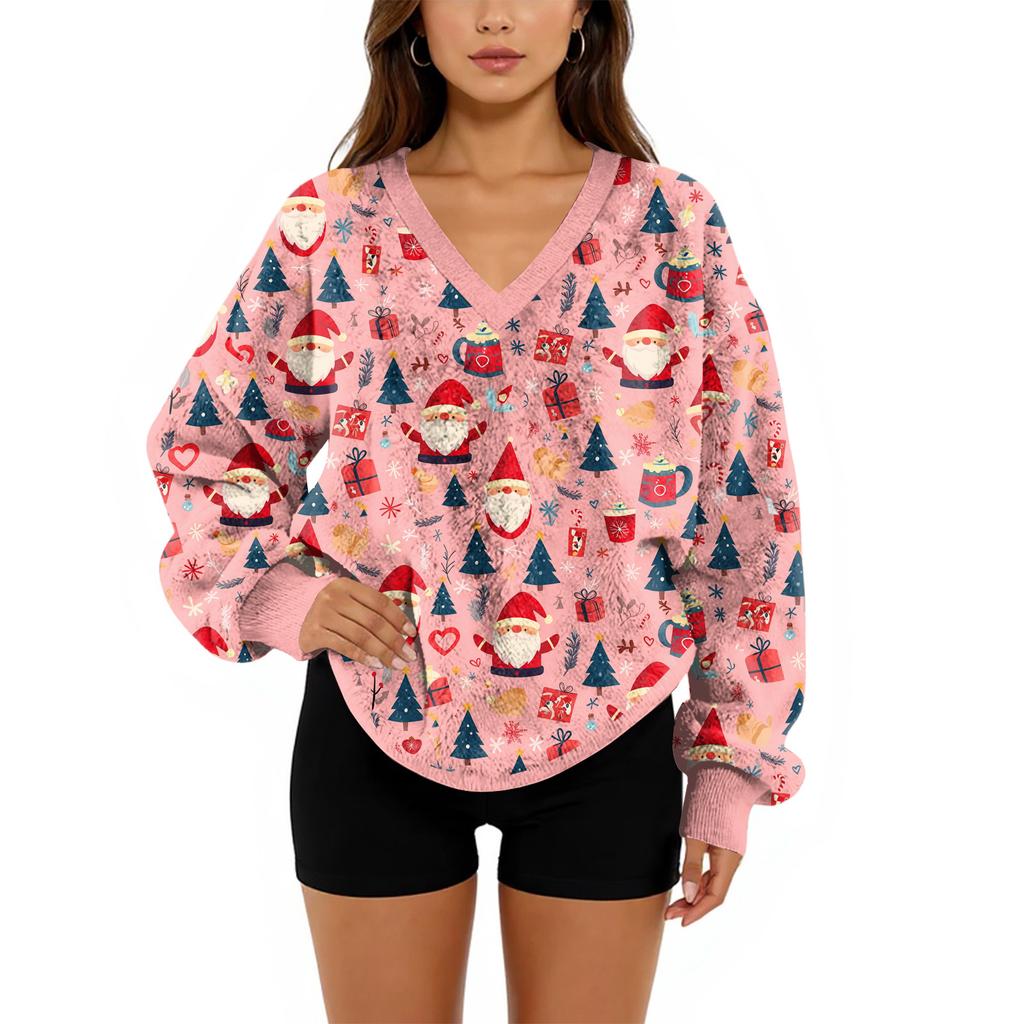 Women's V-Neck Sweatshirt Plush Solid Color Casual Fashion Long Sleeve With Pocketed Pullover Top