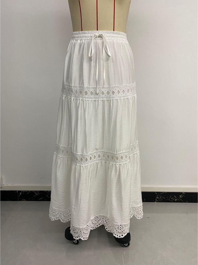 2025 Summer Lace Trim Patchwork Maxi Skirt - European Holiday Style