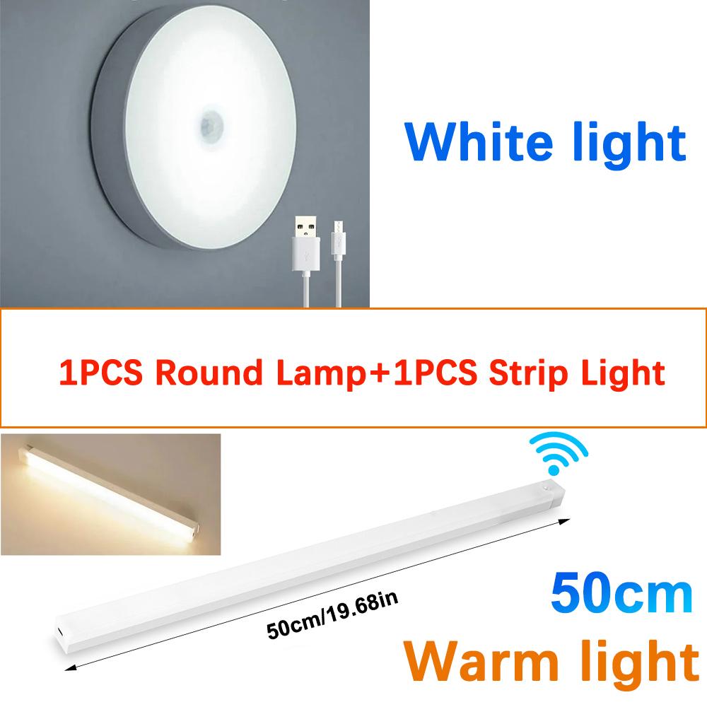 

Round Chargeable Lamp And Rectangular Light USB Rechargeable Motion Sensor LED Cabinet Light For Home Corridor Stairs Kitchen Bedroom Detector Light 50cm Warm+White light
