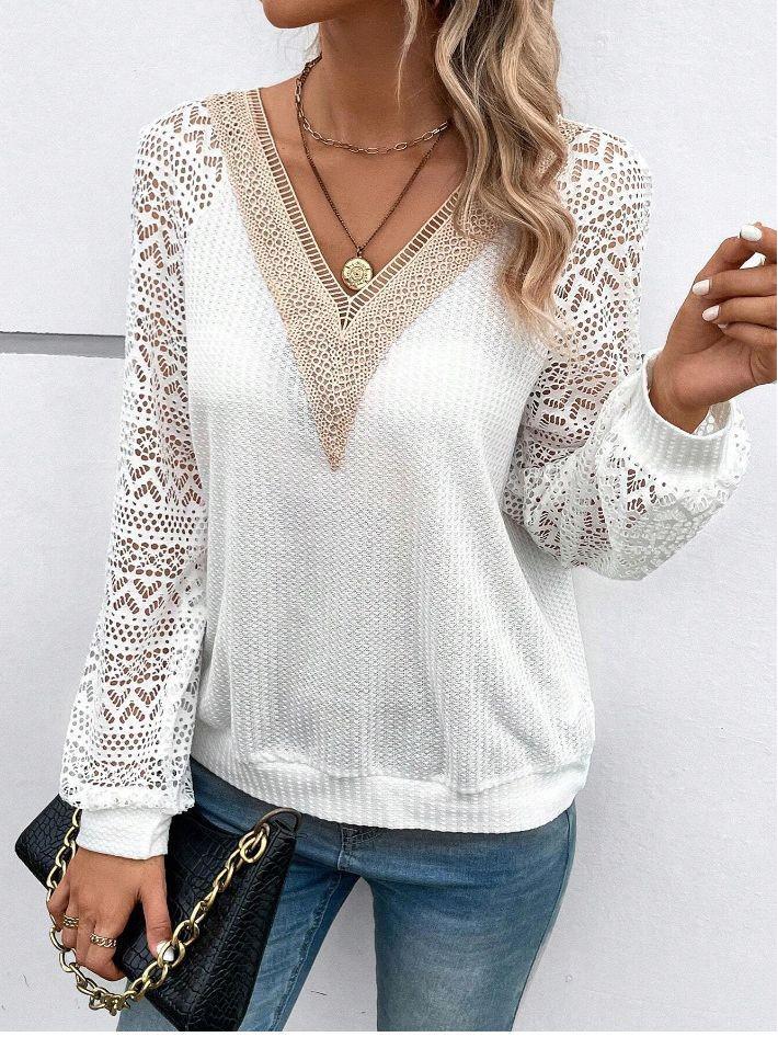 2023 Autumn/Winter Women's Solid V-neck Lace Long-sleeve T-shirt