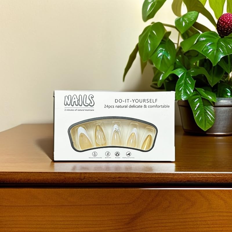 24Pcs White French Tip Press on Nails Star Fake Nails with 3D Gold Design Short Almond Glossy Gold Curve Line False Nails Star Rhinestone Stick on