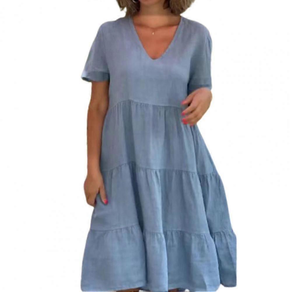 2023 Cotton Linen Beach Dress for Women | Loose-Fitting V-Neck Ruffled Hem & Solid Color | Ideal for Summer Clothing & Vestidos