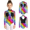 Kids Girls Dance Competition Bodysuit Printed Mesh Long Sleeve Leotard Jumpsuit with Press Button Crotch for Gymnastics Stage