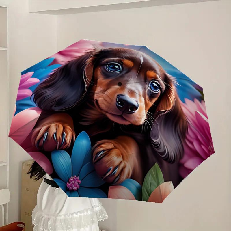 1pc Dachshund Flower Garden Automatic Open/Close Umbrella, 8-Rib Sturdy Frame, Umbrella for Travel, Everyday, Formal Events Yy251126061