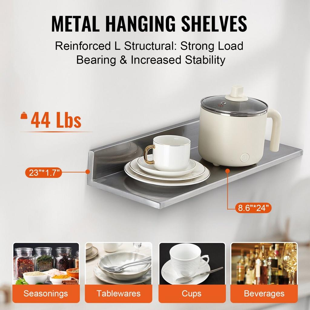 8.6" X 24" Stainless Steel Shelf, Wall Mounted Floating Shelving with Backsplash, 44 Lbs Load Capacity Commercial Shelves, Heavy Duty Storage Rack for