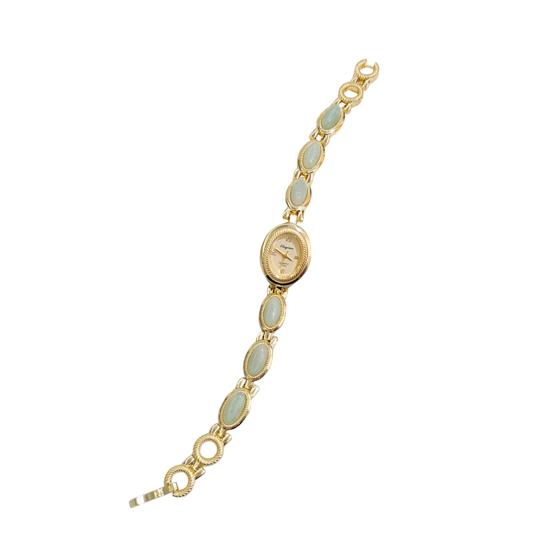 Ladies Vintage Bracelet Watch Retro Oval Dial Quartz Wristwatch Elegant Faux Gemstone Dress Watch for Office Date Party