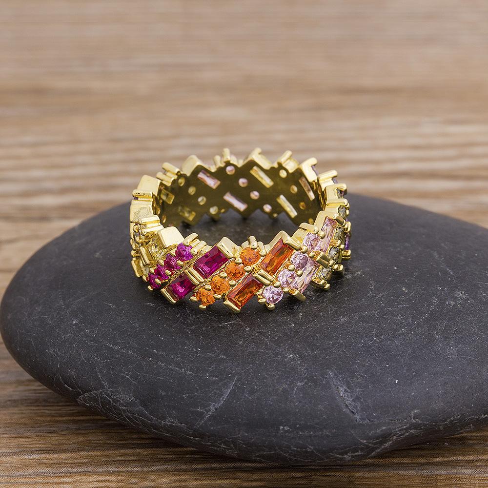Nidin New Geometric Luxury Boho Rainbow Copper Cubic Zirconia Ring For Women Charm Crystal Rings Fine Party Wedding Jewelry