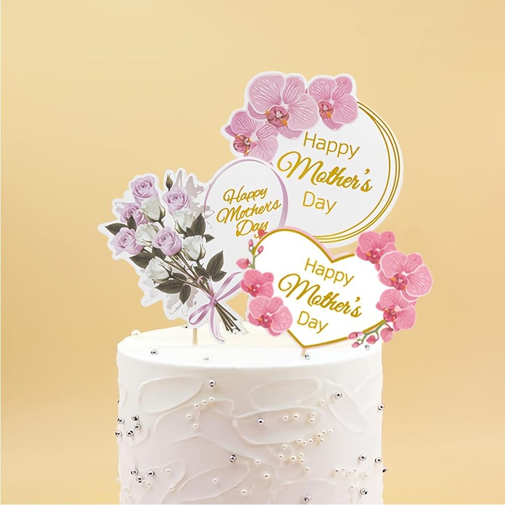 12pcs Mother's Day Cake Decoration Standees Placards Pink Heart Shapes Roses Party Cake Decorations Holiday Supplies