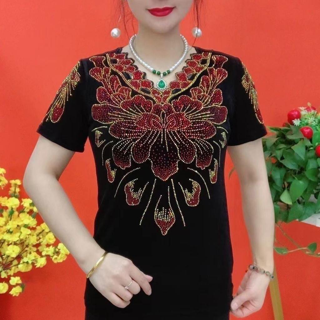 Summer Mom's Clothing Diamond Wavy V-neck Short-sleeved Slim Temperament and Versatile Style