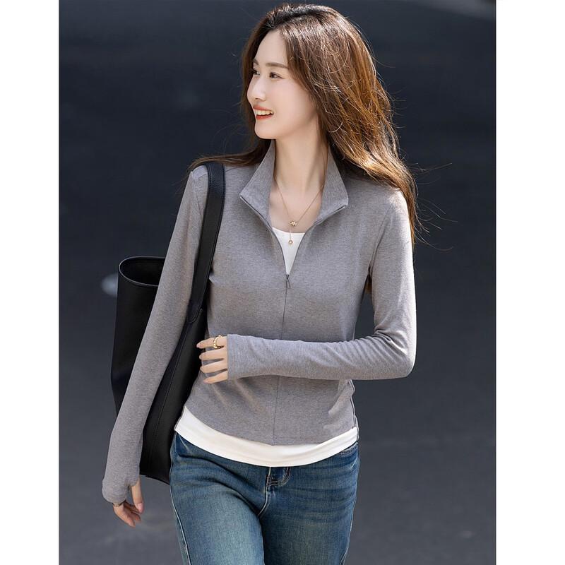 Demana Women s Faux Two-Piece Half-Zip Stand Collar Long Sleeve T-shirt S