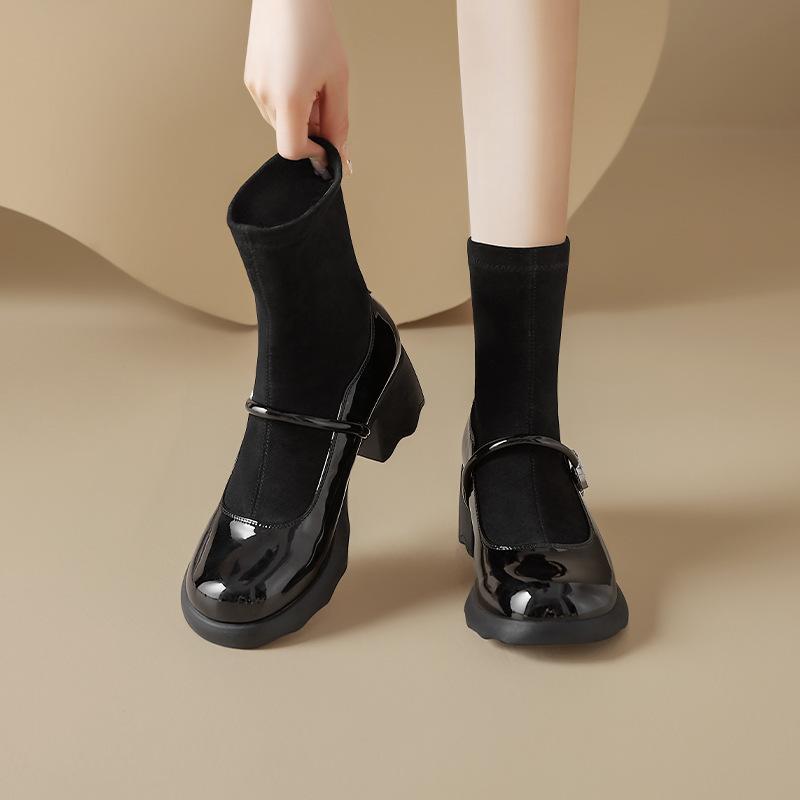 Augustine Black Socks Boots Women's 2025 New Autumn French Thick Heel Thick Sole Elastic Thin Boots Mary Jane Shoes