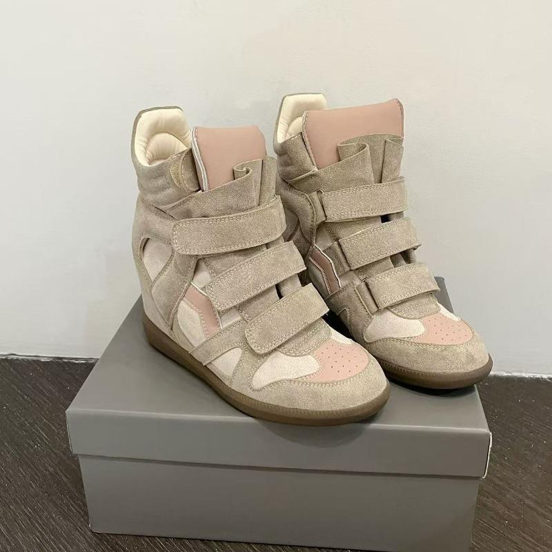 Scarpe da donna autunnali in velcro con zeppa, abbinamento di colori, scarpe sportive casual, scarpe alte in pelle