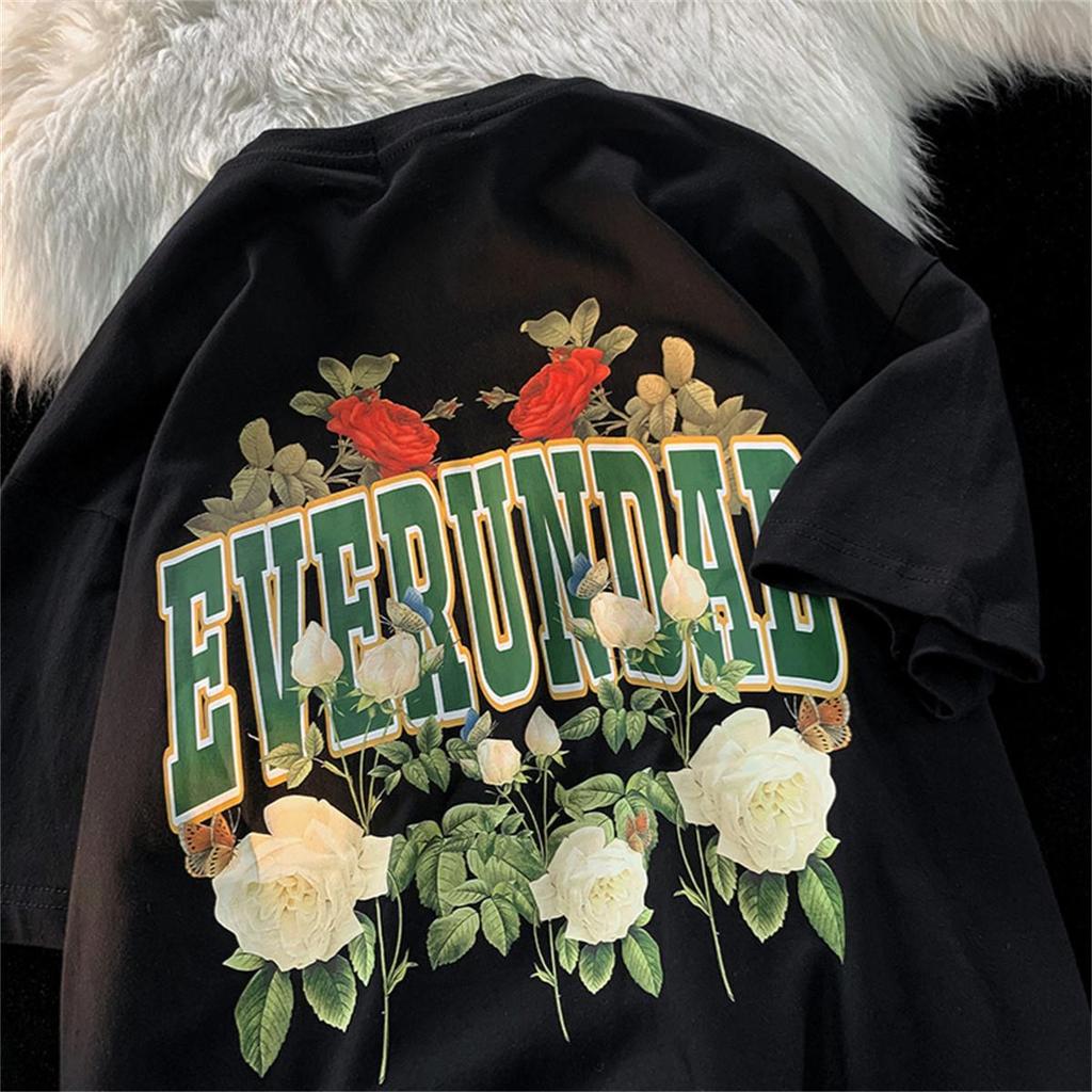Unisex Oversized Retro Rose Print Pure Cotton Half Sleeve T-Shirt