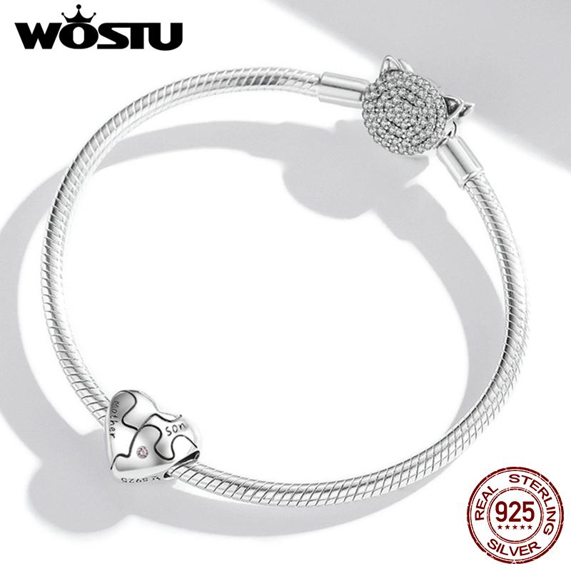 WOSTU 2021 925 Sterling Silver Love Jigsaw Lettering Mother Son Pendant Charm Beads Fit Original Bracelet DIY Jewelry CQC1976