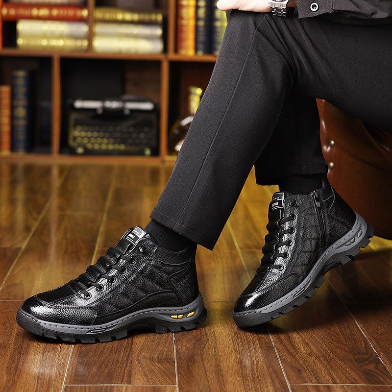 Winter men's shoes genuine leather high-top men's velvet thickened cotton shoes thick-soled men's sheepskin fur integrated shoes men's snow boots