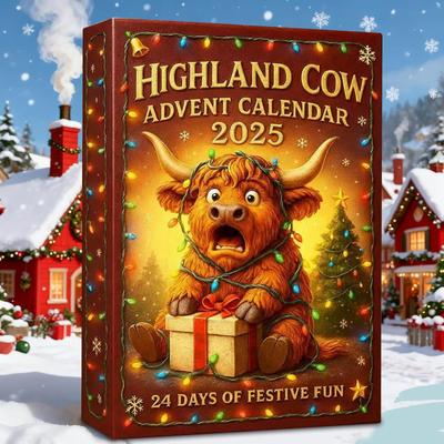 Calendário do Advento Vaca das Terras Altas 2025 com 24 Enfeites de Vaca 3D Calendário do Advento de Natal Calendário de Contagem Regressiva de Natal Presentes Surpresa de Natal