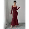 Elegant Sexy Long Sleeved Fishtail Dress Tight Fit Spring Pleated Square Collar Solid Color Party Maxi Long Dresses Evening Spring Bodycon Dress