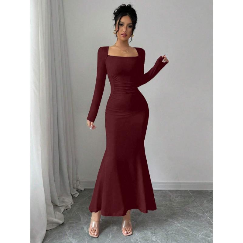 Elegant Sexy Long Sleeved Fishtail Dress Tight Fit Spring Pleated Square Collar Solid Color Party Maxi Long Dresses Evening Spring Bodycon Dress