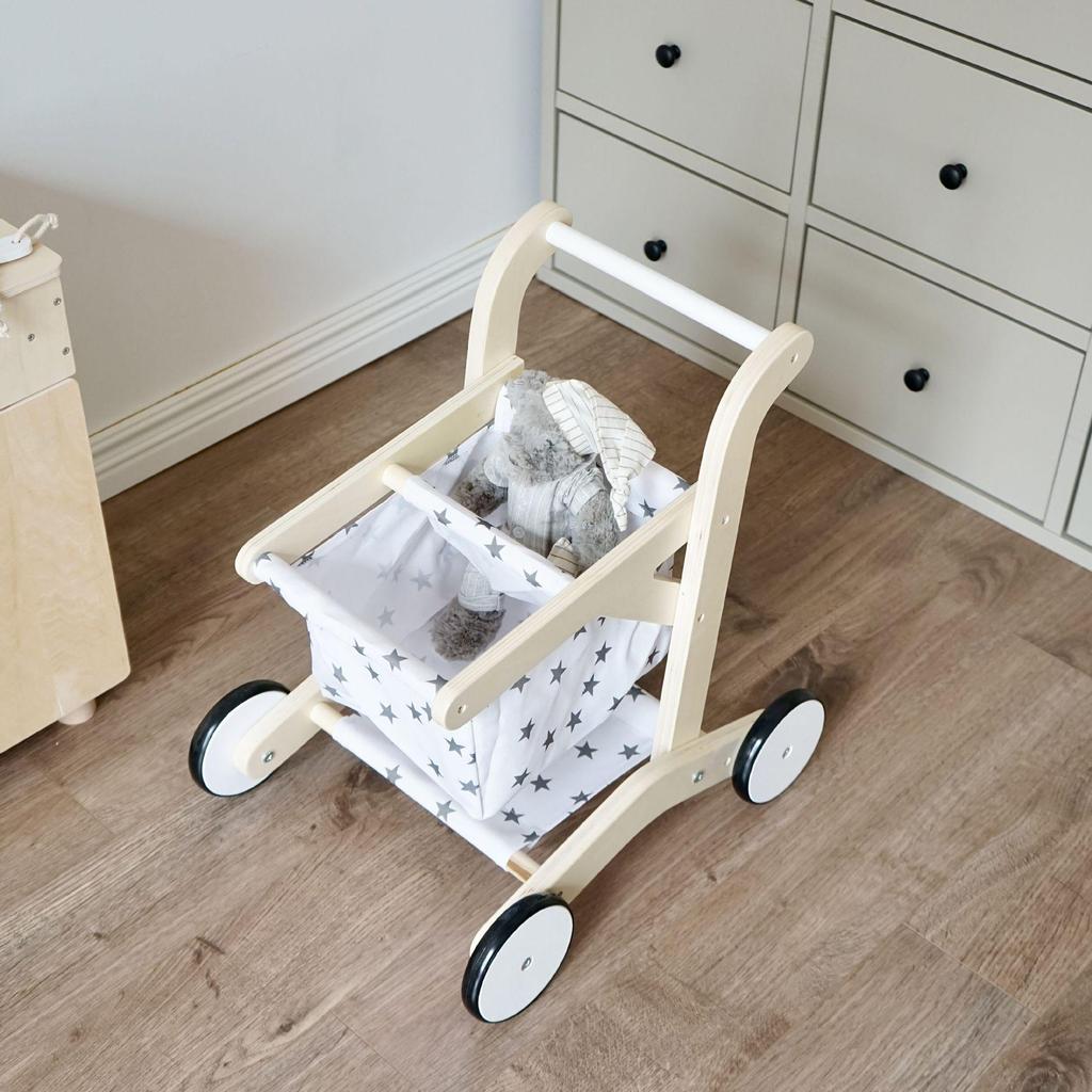 Dřevěná hračka nákupního vozíku pro děti – sada chodítka na hraní rolí v supermarketu
