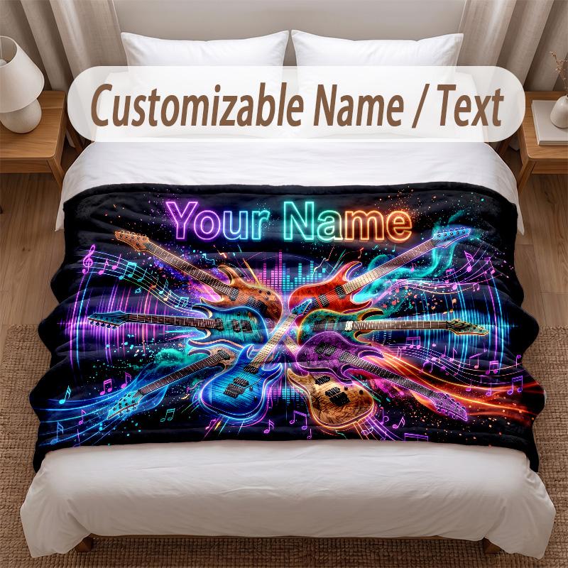 Music Guitar Theme Soft Blanket Personalized Custom Name Text Print Warm Blanket Home Sofa Bedroom Decor