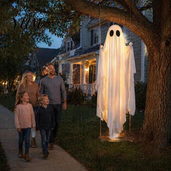 Party-Requisiten für festliche Atmosphäre Große hängende Schaukel Geist Halloween-Dekoration mit Fernbedienung und Schnur Gartenornament Warme Lichter