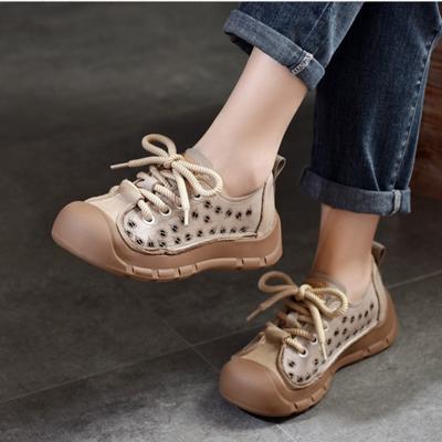 Echtes Leder, runde Zehenpartie, hohl, atmungsaktive Sandalen, flacher Absatz, Schnürschuhe, lässige Damenschuhe