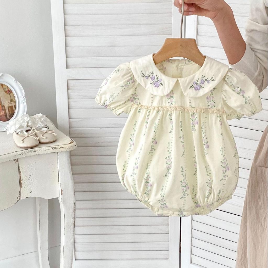 Baby Girl Summer Purple Floral Short Sleeve Romper with Ruffle Collar and Embroidery