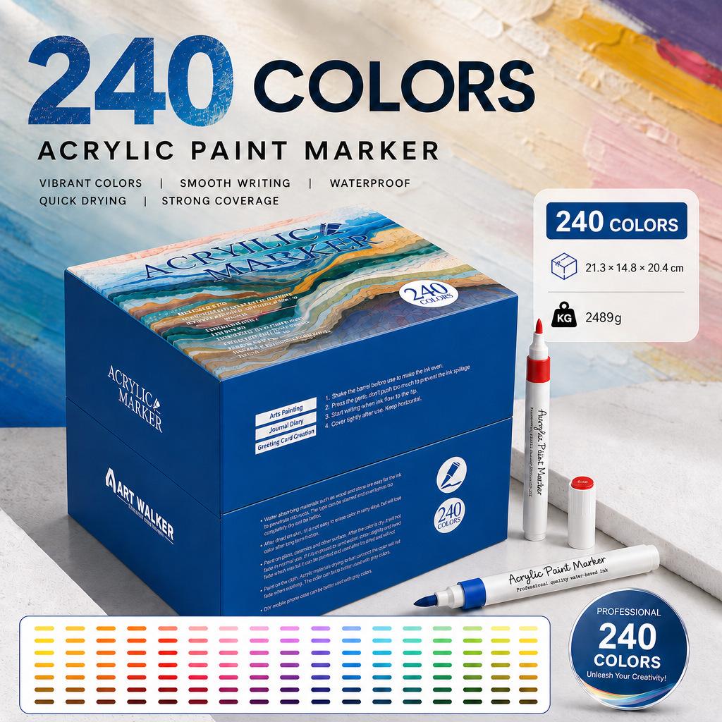 240-Color Multi-Material Marker Set with Storage Box - High-Pigment Acrylic & Oil-Based Graffiti Pens