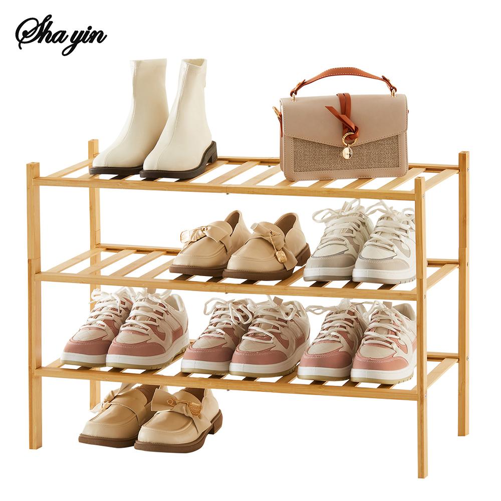 

3-ярусная бамбуковая обувница для шкафа, отдельно стоящая деревянная полка для обуви, органайзер для хранения для прихожей, небольшого пространства, штабелируемая, натуральная