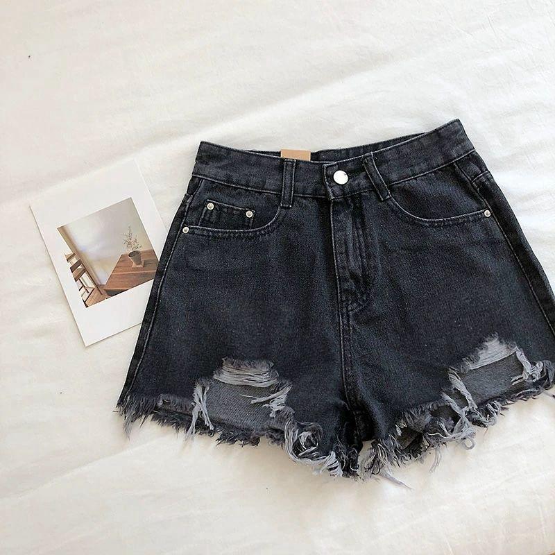 Classic and Minimalist Fashion Versatile Broken Holes Female Summer Loose Thin Broken Holes Ragged Wide-legged A Word Denim Shorts Individuality