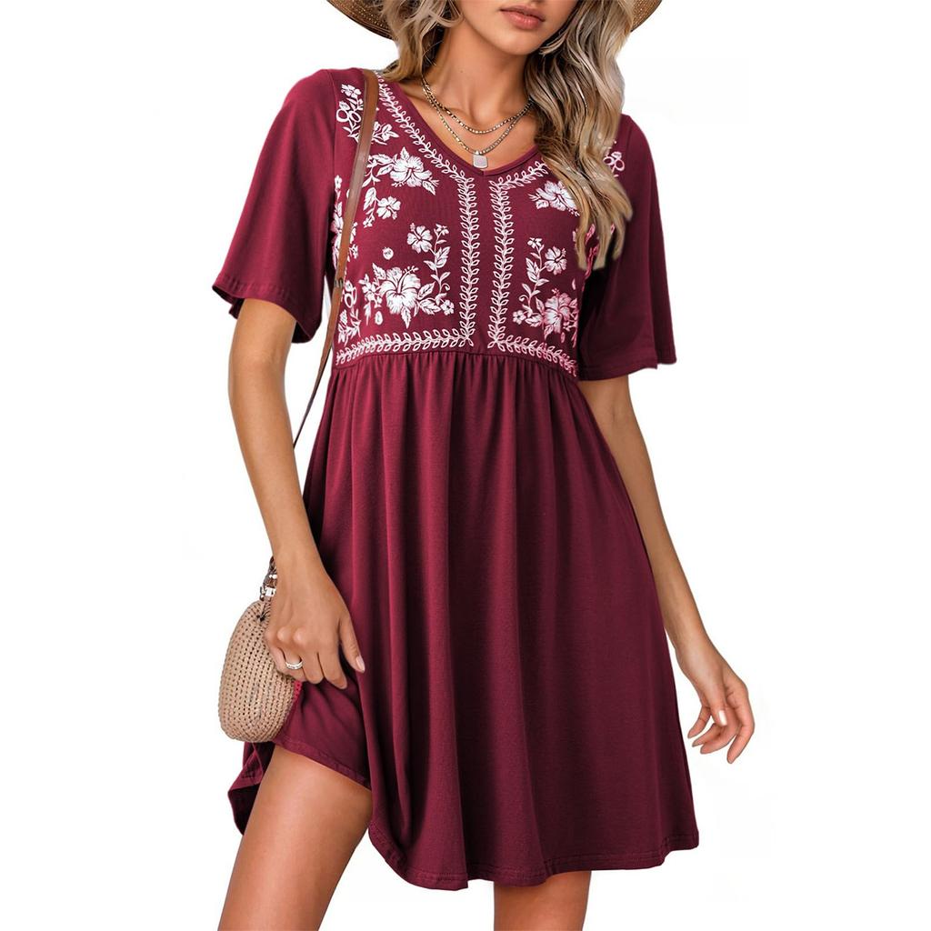 Robe courte à manches courtes imprimée, tendance et décontractée pour femme, à col en V ample, resserrée à la taille