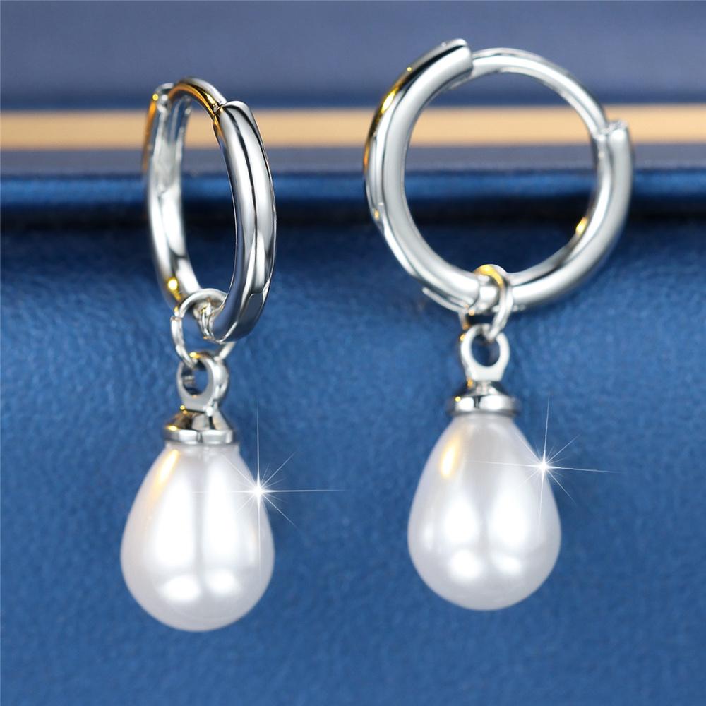 Pendientes de Aro con Piedra Blanca Perla Gota de Agua Vintage Moda Color Oro Plata Boda Para Mujeres