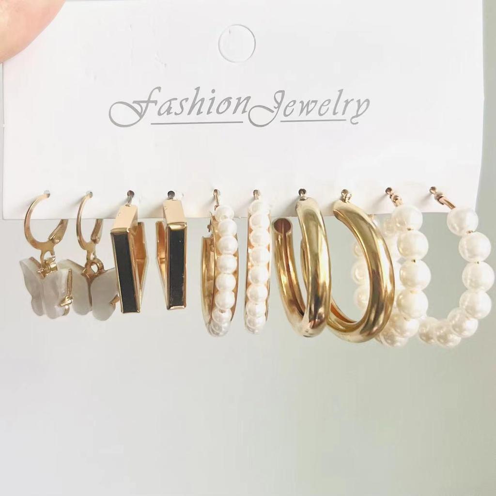 Gold-Pearl Punk Hoop Earrings Set for Women