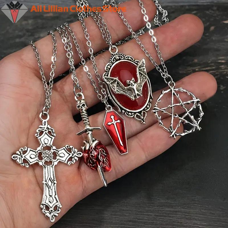 Hot Sale 5Pcs Gothic Necklace Set For Women Jewelry Heart Bat Spider Cross Pendant Sweater Chain Trendy Daily Accessories Gift