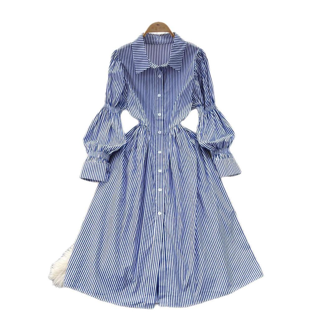Lässiger Stil Hemdkleid für Damen Französisch Schlankmachend und Elegant Puffärmelhemd Langes Kleid