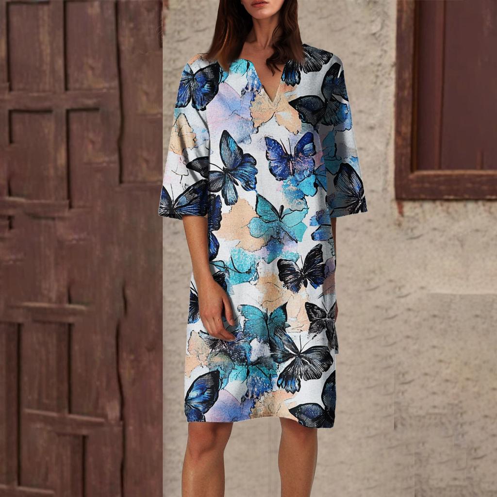 Women's Summer Retro Floral Print V-Neck Half Sleeve Dress Lightweight Breathable Dress