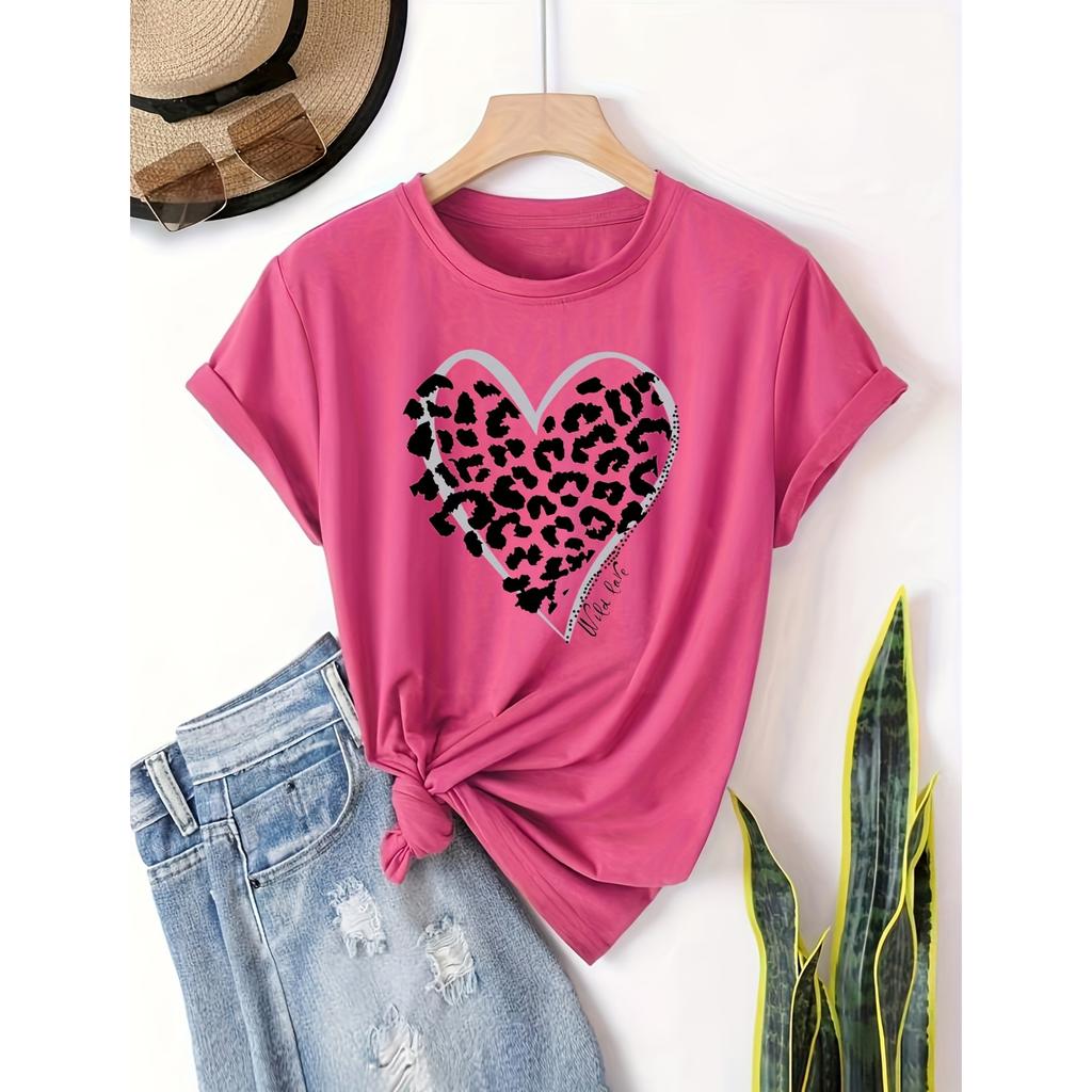 Women's T-Shirt O-Neck Short-Sleeved T Shirts Summer Heart-Shaped Printed Tshirts Casual Pullover Tops Street Wear Large Size