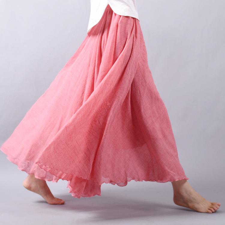 Women's Cotton Linen Maxi Skirts Double Layer Boho Elastic High Waist Pleated A-Line Flowy Swing Long Maxi Skirts Elastic Waist Long Skirt for Women