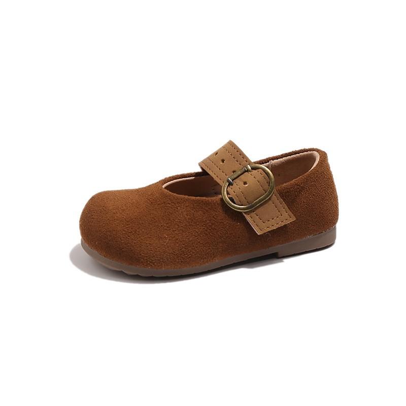 Girls Retro French Style PU Flat Shoes With Soft Sole Magic Tape Wear