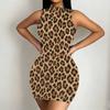 Women Plus Size High Neck Sleeveless Black Floral Printed Bodycon Mini Dress