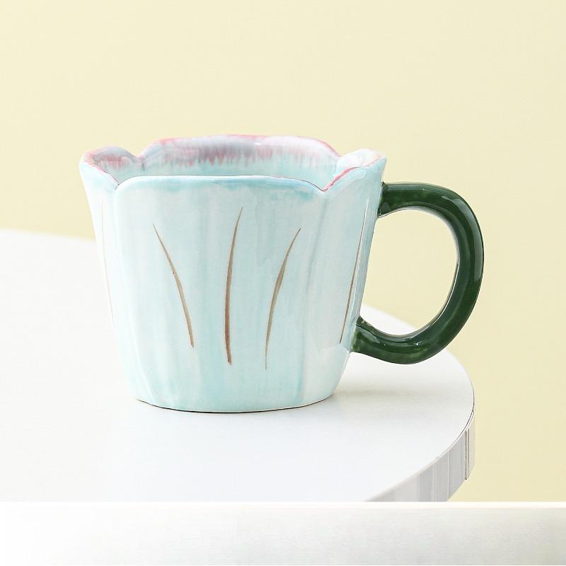 Ceramic Household Mug Hand-painted Tulip Coffee Cup Afternoon Teacup Niche Gift Breakfast Cup Water Cup Drinking Utensils синий