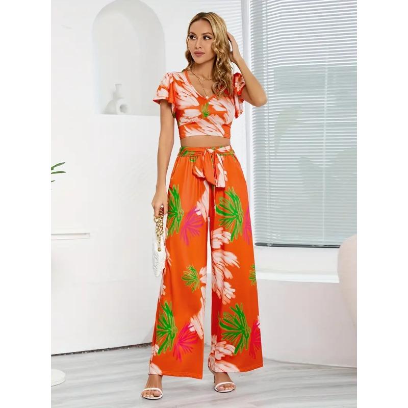 Boho Floral Print Two-piece Set, Flutter Sleeve Crop Top & Wide Leg Pants Outfits, Women's Clothing